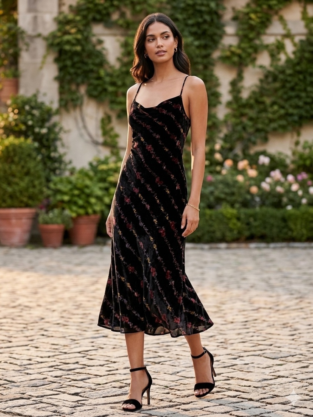 Milly Black Floral Midi Slip Dress with Pink and Yellow Accent